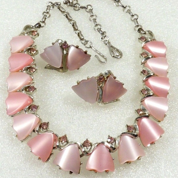 Coro Jewelry - Vintage Coro Pink Thermoset Silver Tone Link Collar Necklace & Clip Earrings Set
